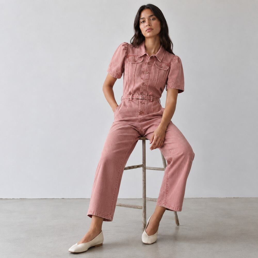 Sea NY Corbin Pink Puffed Short Sleeve Long Denim Jumpsuit, Size 10